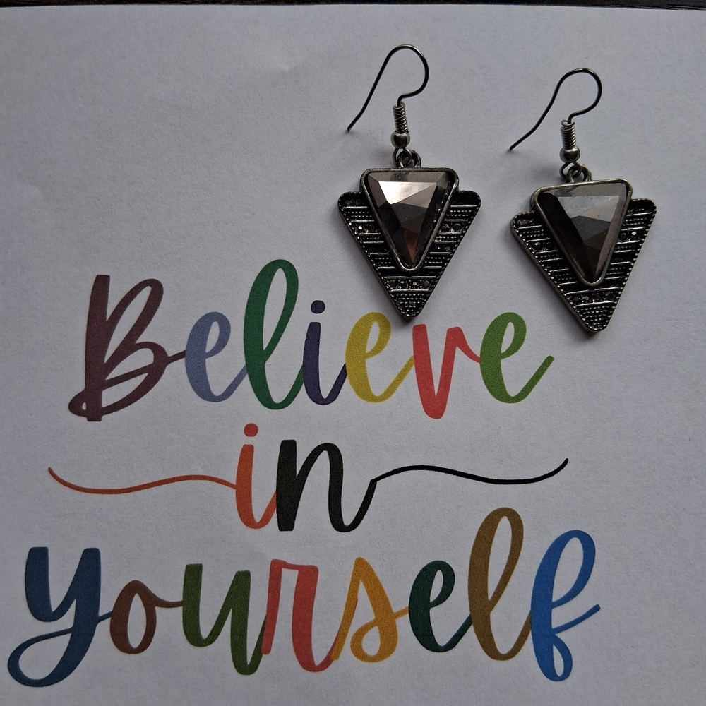 Triangle Drop Earrings - Silver Tone with Gray Accent